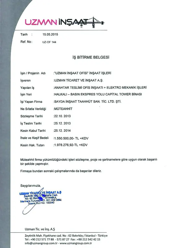 Sayda İnşaat iş bitirme belgesi 3