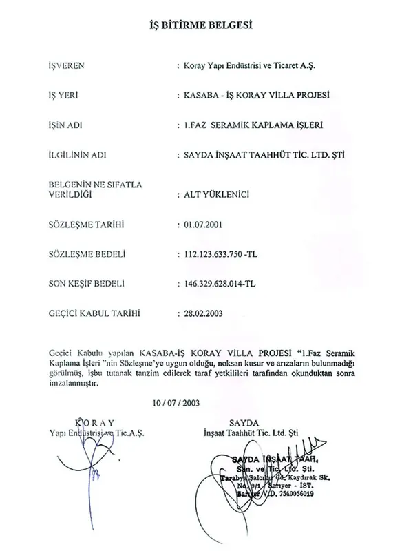 Sayda İnşaat iş bitirme belgesi 7