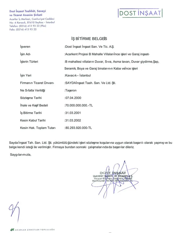 Sayda İnşaat iş bitirme belgesi 8