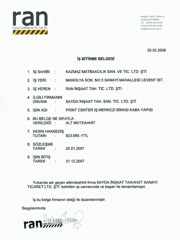 Sayda İnşaat iş bitirme belgesi 16