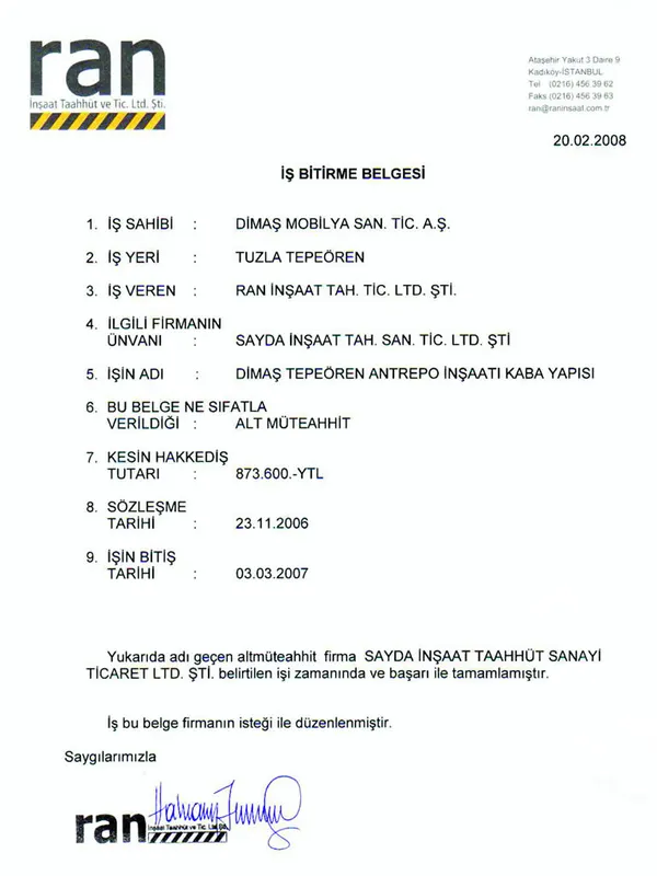Sayda İnşaat iş bitirme belgesi 21